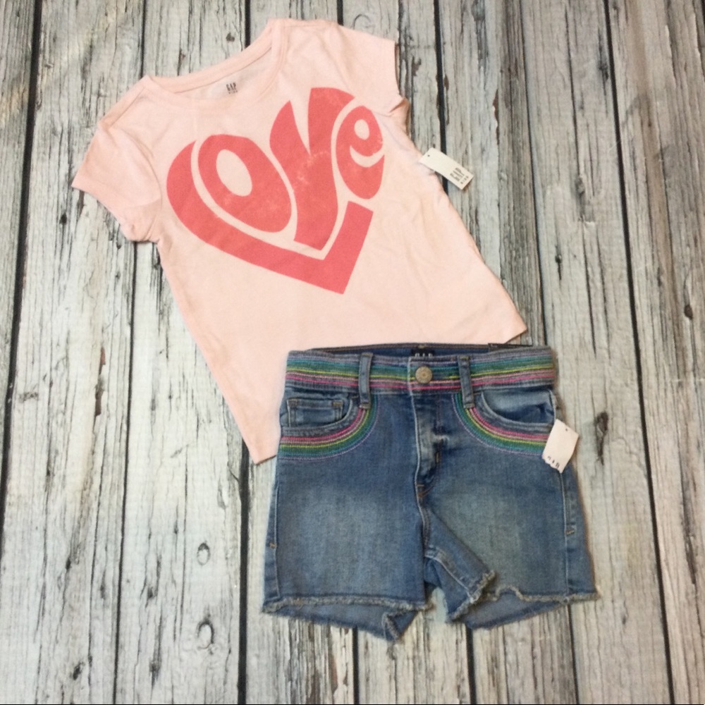 Gap Girls 5 Pink Love Shirt & Denim Shorts Outfit. NWT
